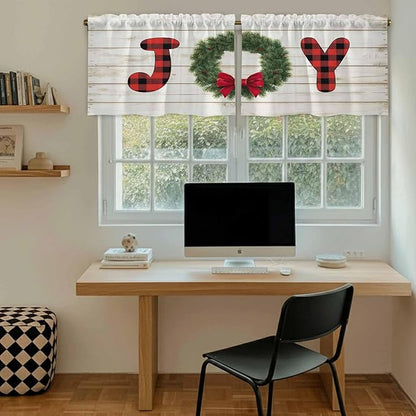Christmas Wreaths Kitchen Tier Curtains 36 Inch Long 2 Panel Set,Rod Pocket Half Window Curtains Over Sink,Winter Bow Plaid Farmhouse Wooden Grain Short Drapes for Bathroom Cafe 27.5"W x 36"L