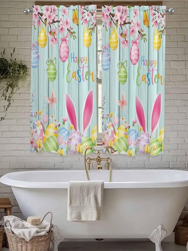 Happy Easter Living Room Curtains 72 Inches length, Spring Bunny Eggs Flower Teal Wood Grain Window Treatment Curtain Drapes, Light Filtering Drapes for Bedroom Laundry Room, 52"x72", 2 Panels