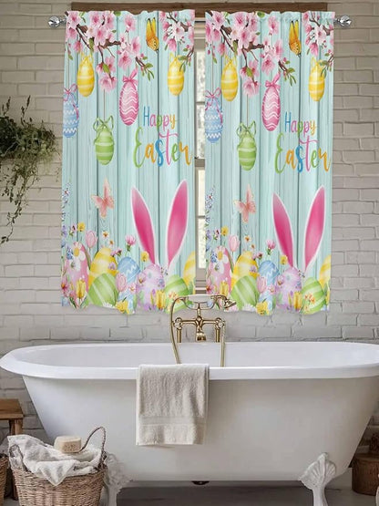 Happy Easter Living Room Curtains 72 Inches length, Spring Bunny Eggs Flower Teal Wood Grain Window Treatment Curtain Drapes, Light Filtering Drapes for Bedroom Laundry Room, 52"x72", 2 Panels