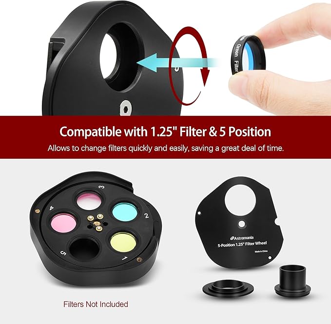 Astromania Filter Wheel for Telescope, Filter Drawer Compatible with 1.25 Inch Telescope Filter for Planet Moon Nebula Observation, 5-Position Filter Wheel Holder Telescope Accessories with T-Adapter