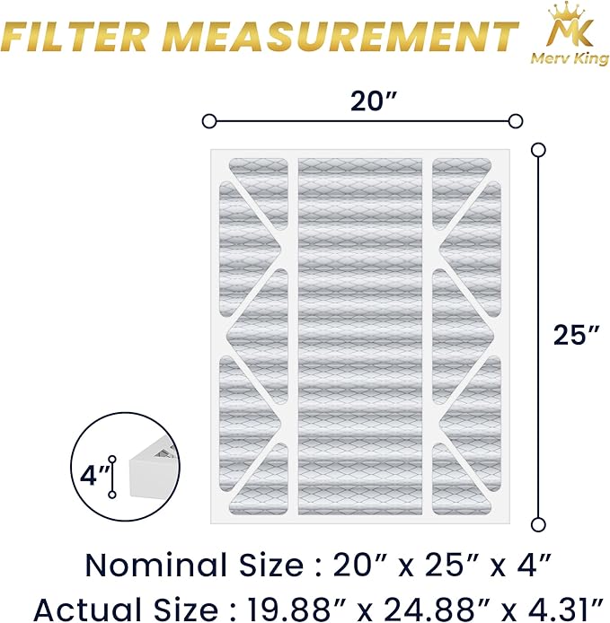 MervKing 20x25x4 Air Filter Actual Size: 19.88" x 24.88" x 4.31" MERV 8 MPR 600-700 | MADE IN USA | 1-Pack | Pleated HVAC AC Furnace Replacement