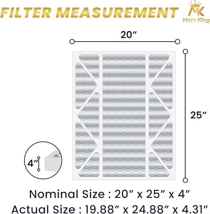 MervKing 20x25x4 Air Filter Actual Size: 19.88" x 24.88" x 4.31" MERV 8 MPR 600-700 | MADE IN USA | 1-Pack | Pleated HVAC AC Furnace Replacement