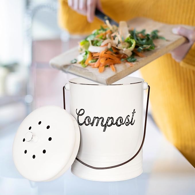 AuldHome Design Kitchen Compost Bin for Countertop | 1.3 Gallon Composting Bucket with Lid | Includes 3 Charcoal Filters | (White Enamel)