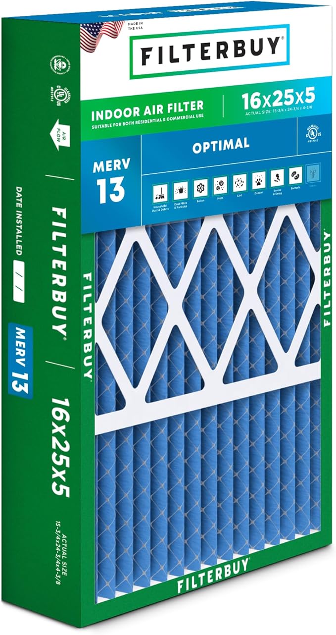 Filterbuy 16x25x5 Air Filter MERV 13 Optimal Smoke & Allergy Defense (1-Pack), Pleated HVAC AC Furnace Filters for Honeywell FC100A1029, Lennox X6670, and More (Actual Size: 15.75 x 24.75 x 4.38)