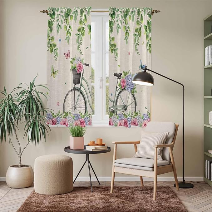 Farmhouse Spring Kitchen Curtains, Retro Bicycles Flowers Vines Butterfly Light Filtering Window Curtain Panels, 2Pcs Rod Pocket Window Treatments Set for Living Room Bathroom Bedroom 42x63 Inches