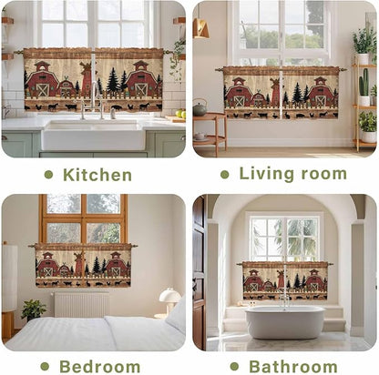 Brown Farmhouse Tier Curtains, Vintage Country Animals Wooden Grain Light Filtering Kitchen Curtains, 2Pcs Rod Pocket Half Window Treatments Panels for Sink Cafe Cabinet Camper 27.5x36 Inches