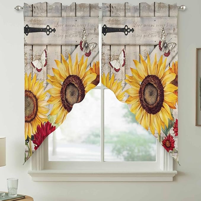 Red Yellow Sunflowers Swag Valances for Windows, Retro Rustic Barn Doors Butterfly Brown Rod Pocket Kitchen Curtains Valance, Kitchen Window Curtains Swag for Cafe Living Room, 2 Panels, 36x63 inch
