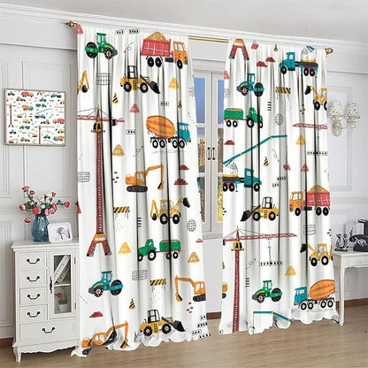 Construction Window Curtains, Kids Cartoon Construction Machines Building Hand Drawn Doodle Rod Pocket Decorative Windows Curtain for Children Teens Room Decor 63x72in (30% Blackout)