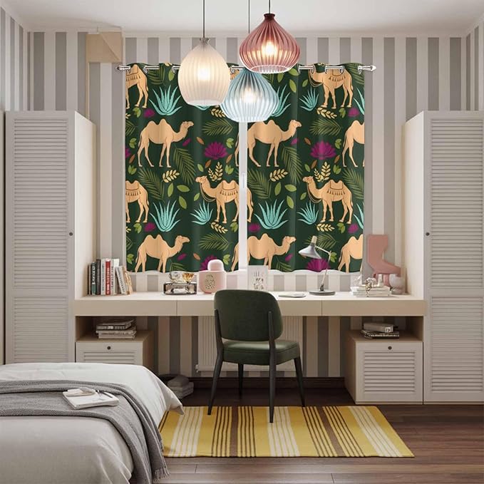 2 Panel Kitchen Cafe Curtains, Retro Desert Camel Sunlight Filtering Nature Air Through, Window Decor Tier Curtains for Living Room 80W x 63L inch Tropical Animal Aloe Vera Leaves Dark Green