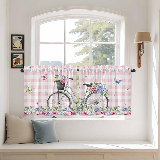 Spring Tier Curtains, Bicycles Leaves Butterfly Flowers Pink Buffalo Plaid Light Filtering Kitchen Curtains, 2Pcs Rod Pocket Half Window Treatments Panels for Sink Cafe Cabinet Camper 27.5x36 Inches