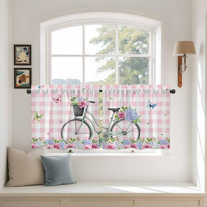 Spring Tier Curtains, Bicycles Leaves Butterfly Flowers Pink Buffalo Plaid Light Filtering Kitchen Curtains, 2Pcs Rod Pocket Half Window Treatments Panels for Sink Cafe Cabinet Camper 27.5x36 Inches