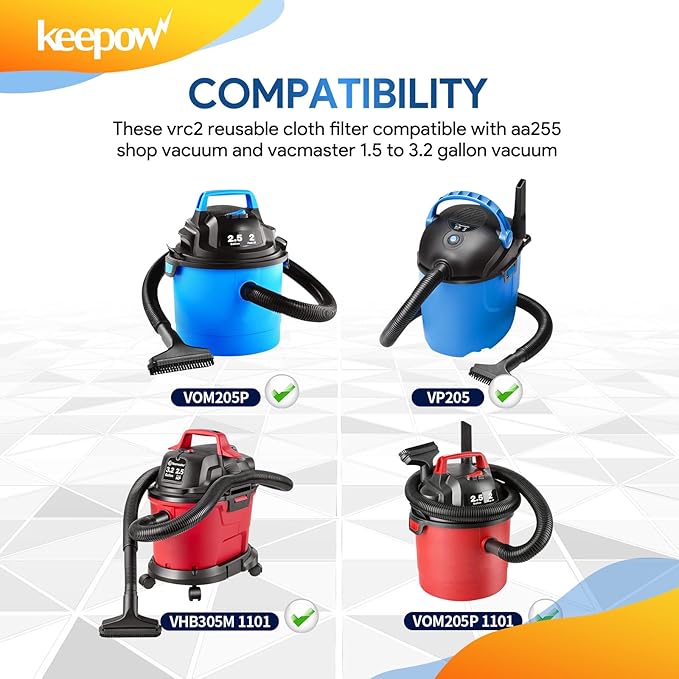 KEEPOW 10 Pack VRC2 Cloth Filter Compatible with Vacmaster 1.5 to 3.2 Gallon Wet/Dry Vacuums,Compatible with Armor All AA155 AA256 AA255