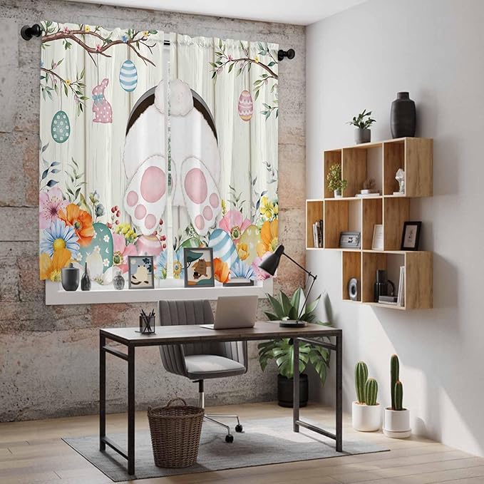 Easter Window Curtains 63 Inch Long 2 Panel Set, Rod Pocket Bedroom Curtains & Drapes, Spring Farmhouse Watercolor Bunny Eggs Wood Grain Light Filtering Window Treatment for Living Room 42"W x 63"L