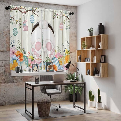 Easter Window Curtains 63 Inch Long 2 Panel Set, Rod Pocket Bedroom Curtains & Drapes, Spring Farmhouse Watercolor Bunny Eggs Wood Grain Light Filtering Window Treatment for Living Room 42"W x 63"L