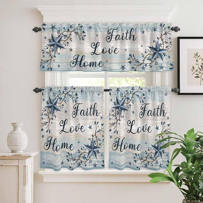 Vintage Farmhouse Kitchen Curtains Set 3 Piece for Windows, Rod Pocket Valance and Tier Set 24 Inch Length, Blue Country Texas Star Vines Wooden Light Filtering Cafe Curtains for Living Room Bathroom