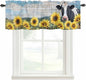 Cow Sunflowers Curtain Valances for Windows, Kitchen Valance Window Treatment, Farmhouse Animal Blue Sky Wooden Grain Light Filtering Block Curtains for Bathroom/Bedroom/Living Room 60'' x 18''