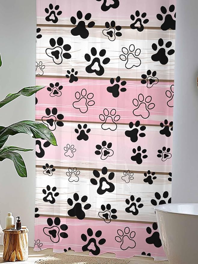 Sheer Curtains 84 Inches Long, Pink Beige Paw Print Semi Sheer Curtains Light Filtering Window Treatment, Vintage Farmhouse Country Wooden Grain Privacy Voile Drapes for Living Room Bedroom 52x84 Inch
