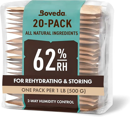 Boveda 62% Two-Way Humidity Control Packs For Storing 1 lb – Size 67 – 20 Pack – Moisture Absorbers for Storage Containers – Humidifier Packs – Hydration Packets in Resealable Bag