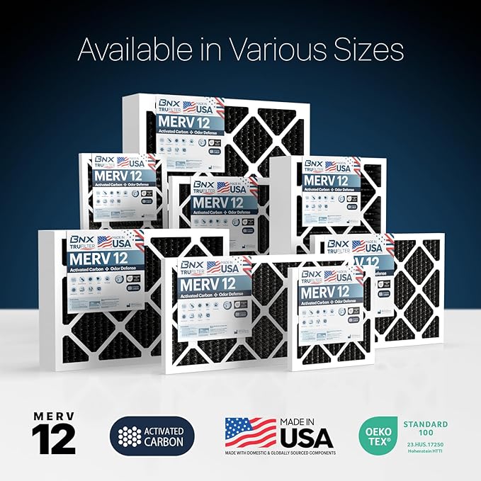 BNX TruFilter 20x25x1 MERV 12 Odor Defense (4-Pack) AC Furnace Air Filter with Activated Carbon - MADE IN USA - Pleated Air Conditioner HVAC AC Furnace Filters - Removes Odor, Mold, Bacteria, Smoke