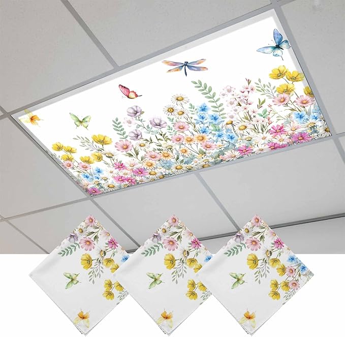 Fluorescent Light Covers for Ceiling Lights Spring Flowers Magnetic Light Filters 3 Pack 4x2 ft Daisy Butterflies Dragonfly Ceiling Lights Cover for Classroom Office School Home Drop Lamp Decor