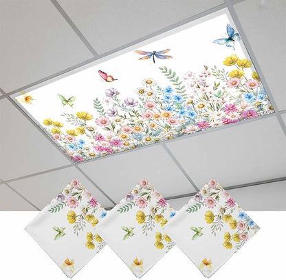 Fluorescent Light Covers for Ceiling Lights Spring Flowers Magnetic Light Filters 3 Pack 4x2 ft Daisy Butterflies Dragonfly Ceiling Lights Cover for Classroom Office School Home Drop Lamp Decor