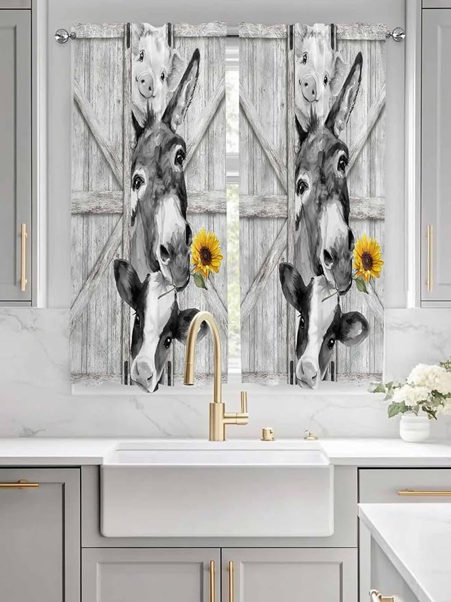 Grey Farmhouse Bedroom Curtains 63 Inches Length, Vintage Sunflowers Animals Printed Window Treatment Curtain Drapes, Rod Pocket Curtain Panels for Living Room Kitchen, 42"x63", 2 Panels