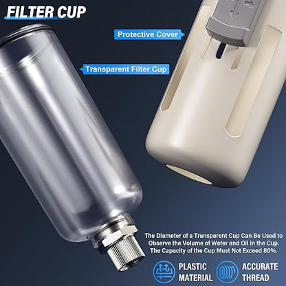 TAILONZ PNEUMATIC 0-150PSI 3/8 Inch NPT Particulate Filter+Coalescing Filter Air Filter Pressure Regulator Combo Piggyback, Air Tool Compressor Filter (Semi-Auto Drainage）
