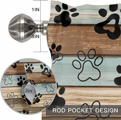 Dog Paws Valances for Windows, Teal Brown Wood Grain Kitchen Valance Light Filtering Rod Pocket Short Curtains for Kitchen Bathroom, 1 Panel, 54"x18"