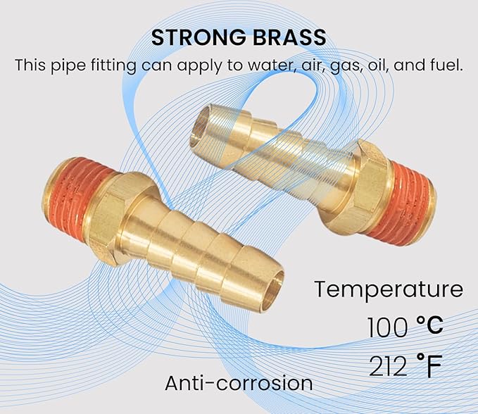 2 Pack Brass Air Hose Barb Fittings Adapter Set, 3/8 Inch Barb to 1/4 Inch NPT Male Pipe, Air Hose Repair Kit Connectors with Sealant