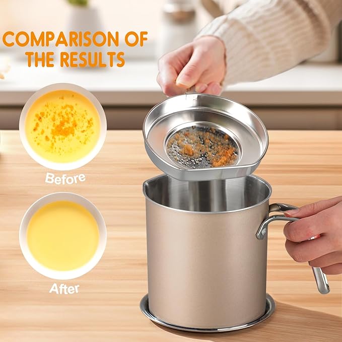 Chihee Grease Container Stainless Steel Bacon Grease Saver with Fine Mesh Strainer 2L / 67.6 fl oz Oil Container Grease Can with Dust-proof Lid Non-slip Tray for Kitchen Storing Frying Cooking Grease