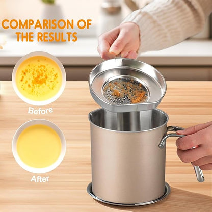 Chihee Grease Container Stainless Steel Bacon Grease Saver with Fine Mesh Strainer 2L / 67.6 fl oz Oil Container Grease Can with Dust-proof Lid Non-slip Tray for Kitchen Storing Frying Cooking Grease