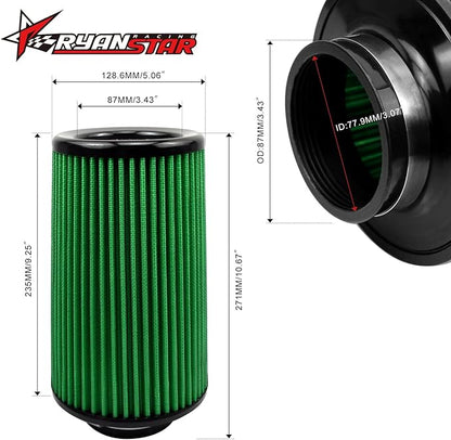 RYANSTAR RACING 76mm 3" High Flow Round Tapered Cone Cool Air Filter Cleaner with Top Filter Design Long 270mm tall Green