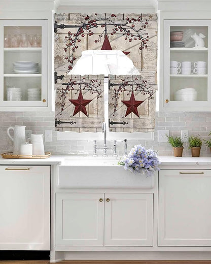 Village Stars Swag Kitchen Curtains Valance and Tier Set, Vintage Dark Red Star Berry Beige Barn Doors Light-Filtering Swag Valance 24 Inch Length, Rod Pocket Short Curtain for Bedroom Cafe