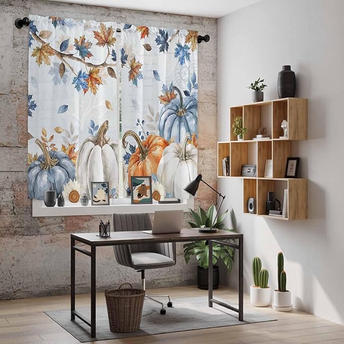 Fall Blue Maple Window Curtains 63 Inch Long 2 Panel Set, Rod Pocket Bedroom Curtains & Drapes, Thanksgiving Pumpkins Daisy Country Leaves Light Filtering Window Treatment for Living Room 42"W x 63"L