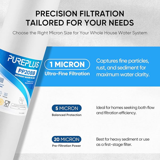 PUREPLUS 1 Micron 20" x 4.5" Whole House Sediment Home Water Filter Replacement Cartridge, Compatible with DGD-2501-20, AP810-2, P1-20BB, FP25B, FPMB-BB1-20, SDC-45-2001, 4 Pack