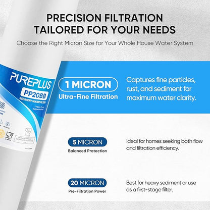 PUREPLUS 1 Micron 20" x 4.5" Whole House Sediment Home Water Filter Replacement Cartridge, Compatible with DGD-2501-20, AP810-2, P1-20BB, FP25B, FPMB-BB1-20, SDC-45-2001, 4 Pack
