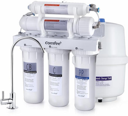 COMFEE’ 5-Stage Reverse Osmosis System, NSF Certified Water Filter for Under Sink, Easy DIY Installation, Ultra Safe Drinking Water Filtration System, Leak-Free RO System, Quiet Operation, 75 GPD