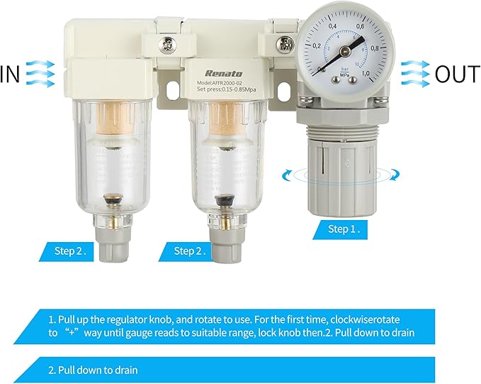 1/4" NPT Three Stage Air Drying System - 5 Micron Particulate Filter Air Pressure Regulator Combo - 0-125psi Gauge, Semi-Auto Drain, Metal Bracket