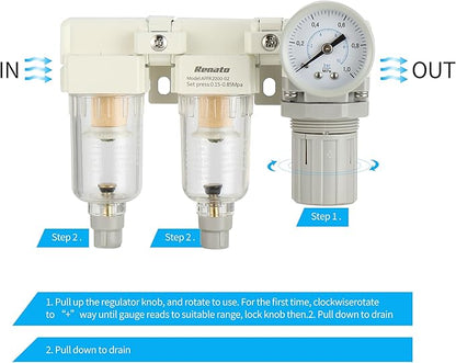 1/4" NPT Three Stage Air Drying System - 5 Micron Particulate Filter Air Pressure Regulator Combo - 0-125psi Gauge, Semi-Auto Drain, Metal Bracket