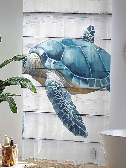 Sheer Curtains 96 Inches Long, Sea Turtle Blue Semi Sheer Curtains Light Filtering Window Treatment, Coastal Ocean Seaweed Wood Grain Privacy Voile Drapes for Living Room Bedroom 52x96 Inch