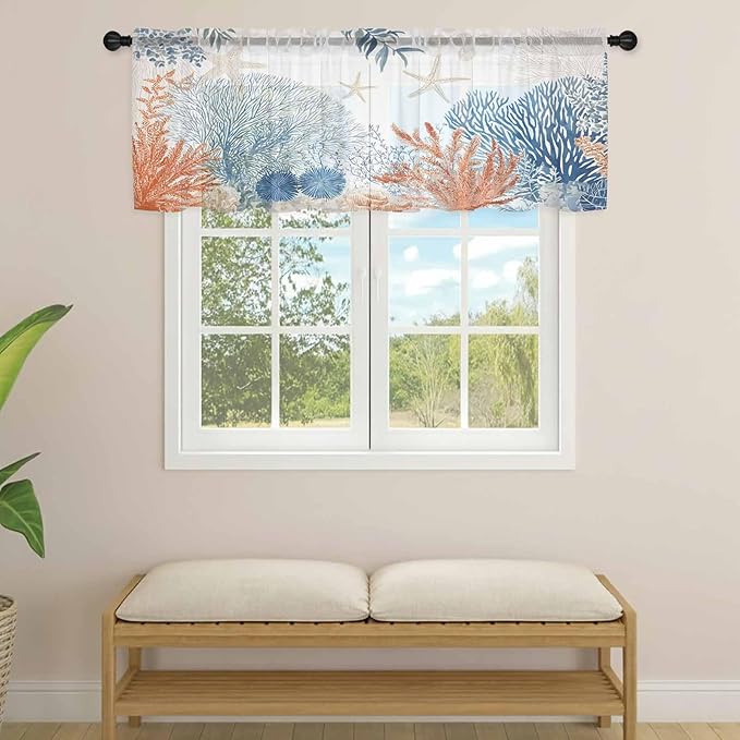 Ocean Corals Sheer Valance Curtains, Summer Beach Coral Sea Stars Light Filtering Kitchen Valances Rod Pocket Voile Curtain Window Treatment for Bedroom/Living Room/Basement 42Wx12L