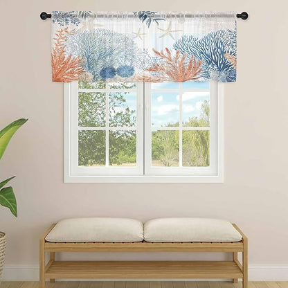 Ocean Corals Sheer Valance Curtains, Summer Beach Coral Sea Stars Light Filtering Kitchen Valances Rod Pocket Voile Curtain Window Treatment for Bedroom/Living Room/Basement 42Wx12L