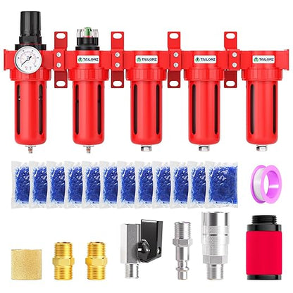 TAILONZ PNEUMATIC 0-150PSI 1/2 Inch NPT Red Industrial Grade 5 Stage Air Drying System, Particulate Filter, Coalescing Filter, Three Desiccant Dryer and Air Regulator (Manual Drainage)