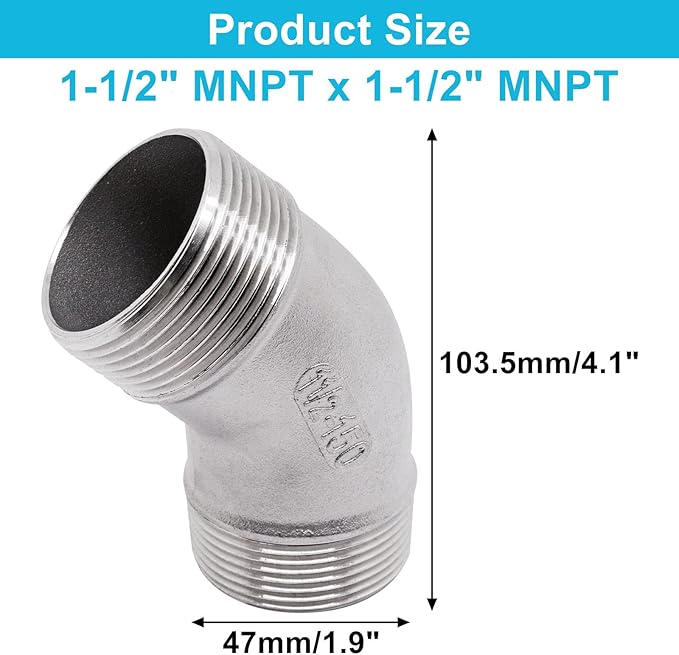 45 Degree Elbow 1PCS, 1-1/2" NPT Male X 1-1/2" NPT Male 304 Stainless Steel Pipe Fitting, Connector Coupler Apply to Outdoor Garden Industrial