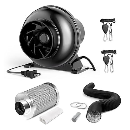 InfiniPower 4 Inch 195 CFM Inline Ventilation Fan 4" Air Carbon Filter, 4" 8 Feet Black Ducting and Rope Hanger, Combo for Grow Tent, Greenhouse, Kitchen
