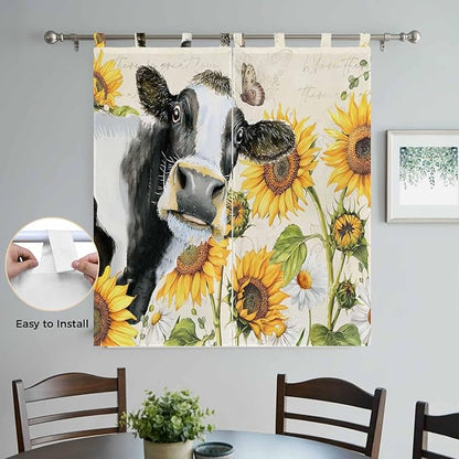 Yellow Sunflowers Living Room Curtains 84 Inch Length, Window Curtains Tab Top, Country Cow Flower Butterfly Farmhouse Cream Light Filtering Window Treatments Drapes 42"x84" 2 Panel