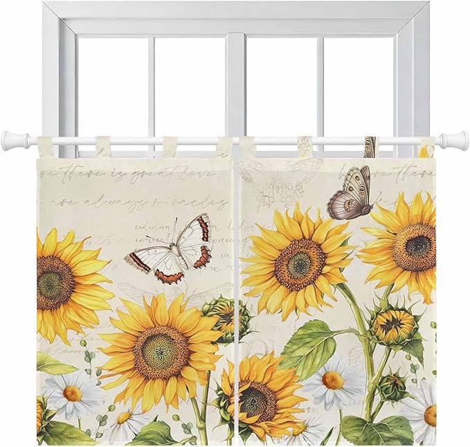 Farm Sunflowers Bedroom Curtains 63 Inch Length, Window Curtains Tab Top, Retro Flowers Butterfly Botanical Beige Light Filtering Window Treatments Drapes 42"x63" 2 Panel