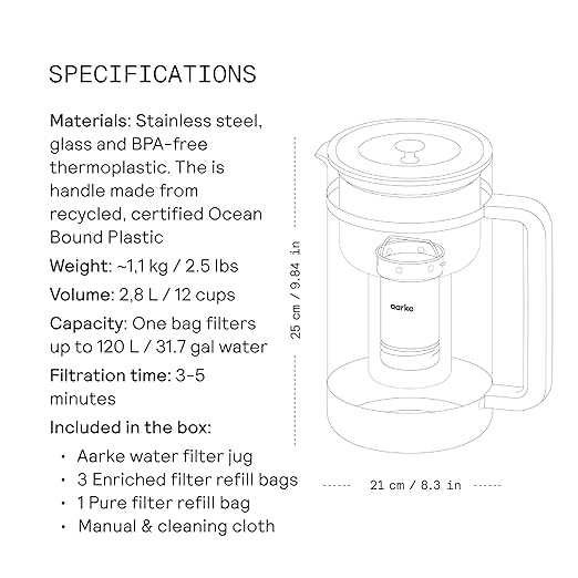 Aarke Purifier Large 1.66L Glass Pitcher Bundle w/Steel Filter, BPA-Free, 3 Enriched + 1 Pure Granules - Filters & Adds Minerals