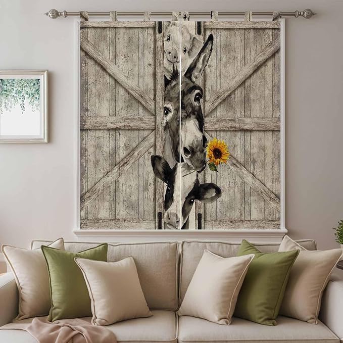Funny Farm Animals Bathroom Curtains 63 Inch Length, Window Curtains Tab Top, Vintage Barn Brown Sunflowers Light Filtering Window Treatments Drapes 52"x63" 2 Panel