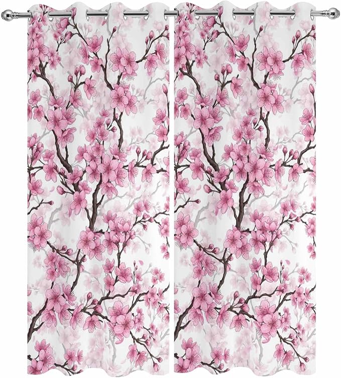 Cherry Flowers Outdoor Curtains for Patio Spring Flower Vintage Watercolor Waterproof Outside Curtains with Grommet Top Weatherproof Curtain for Cabana Pergola Gazebo, 2 Pack, 54" W x 95" L